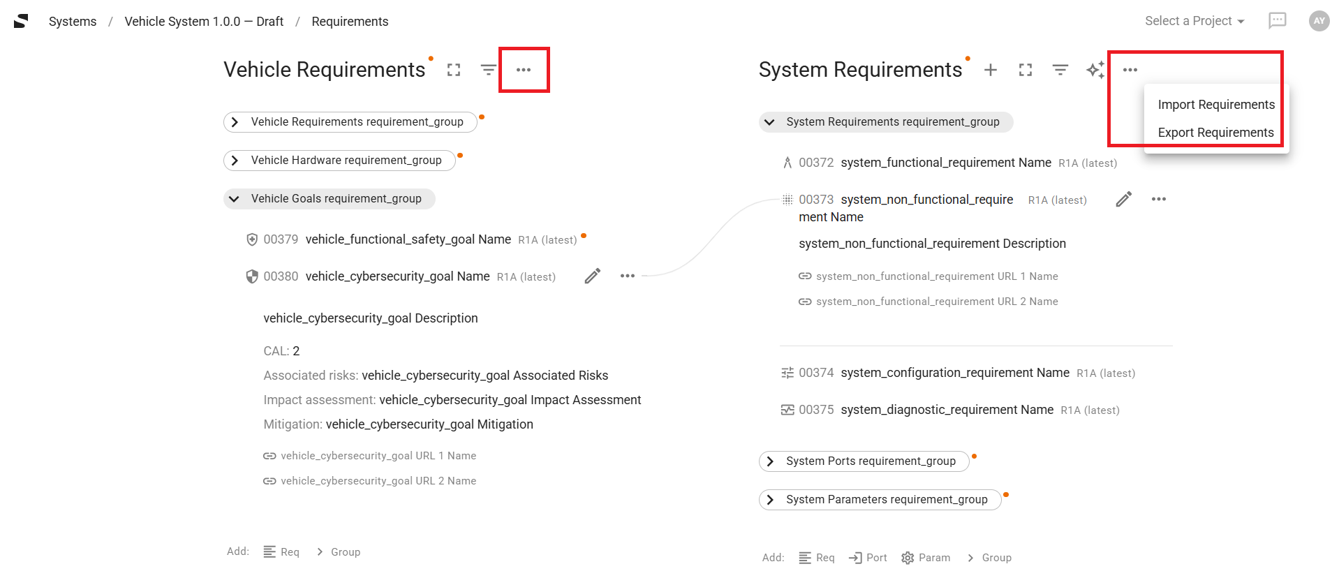 requirements import export in context menu